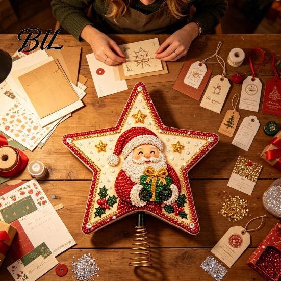 Interactive Family Fun Crafts DIY Christmas Tree Topper Star Kit with Faux Pearl & Rhinestone Materials, Santa Snowman Reindeer Art Supplies for Angel