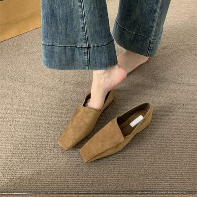 Ретро замшевые туфли с квадратным носком, глубоким вырезом, на плоской подошве, одинарные, 2025 весна-осень, новые, простые и универсальные лоферы, офисные маленькие кожаные туфли