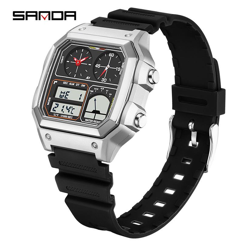 Sanda Temu Студенческие спортивные часы с измерением температуры, водонепроницаемые, двойной дисплей, многофункциональный квадратный дизайн
