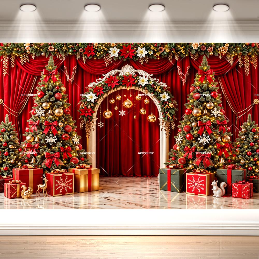 Christmas Red Curtain Backdrop Xmas Tree Arch Gifts Red Bow Holiday Photography Background for Party Photo Booth Decoration