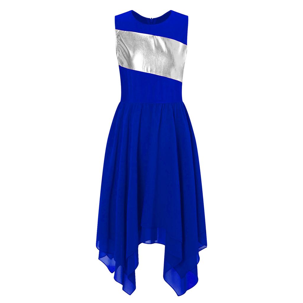 Girls Worship Liturgical Celebration Costume Color Block Sleeveless Asymmetric Hem Lyrical Dance Dress