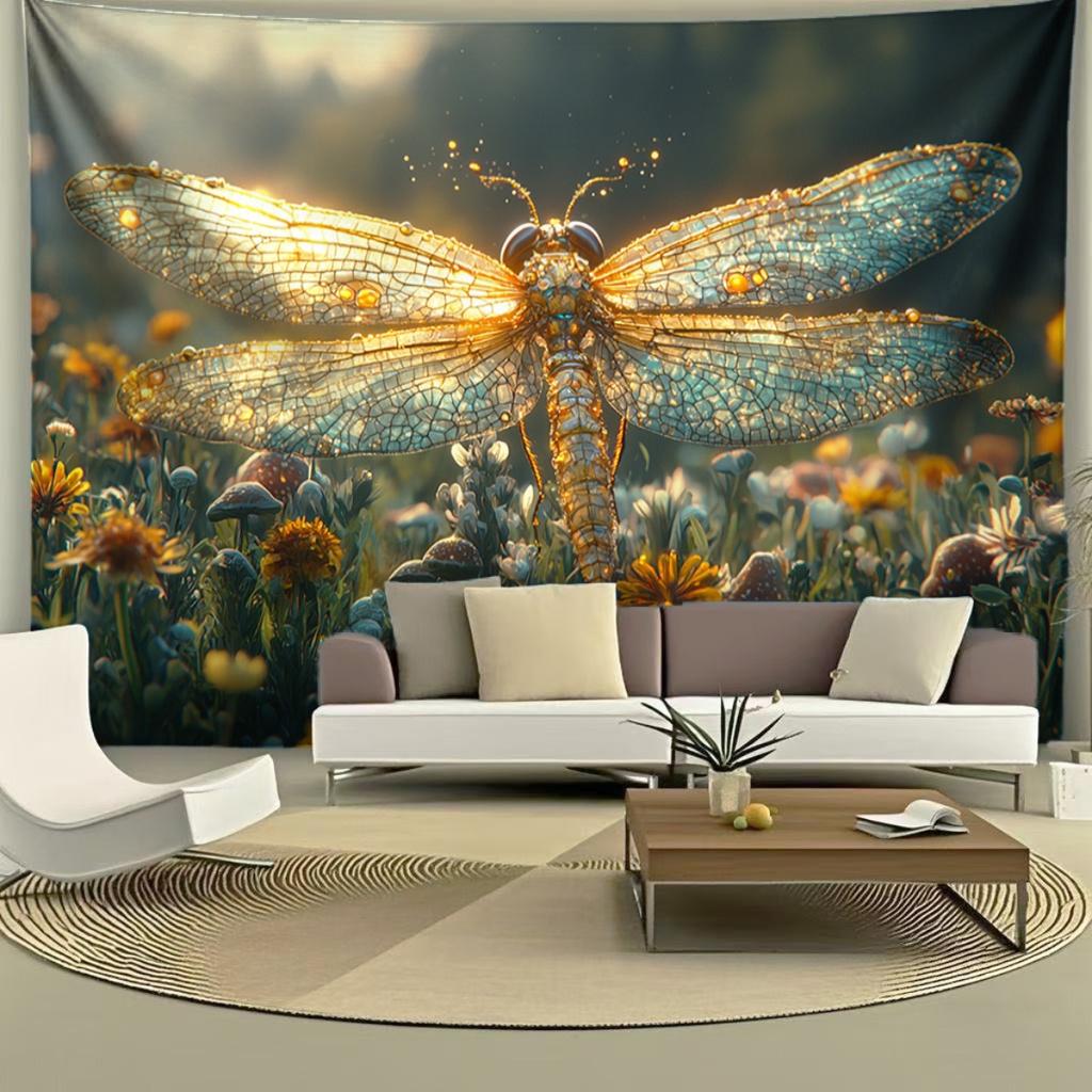 1pc Golden Dragonfly Tapestry Wall Hanging  Elegant Blue  Golden Dragonfly with Floral Print Horizontal Hanging Decor for Liv