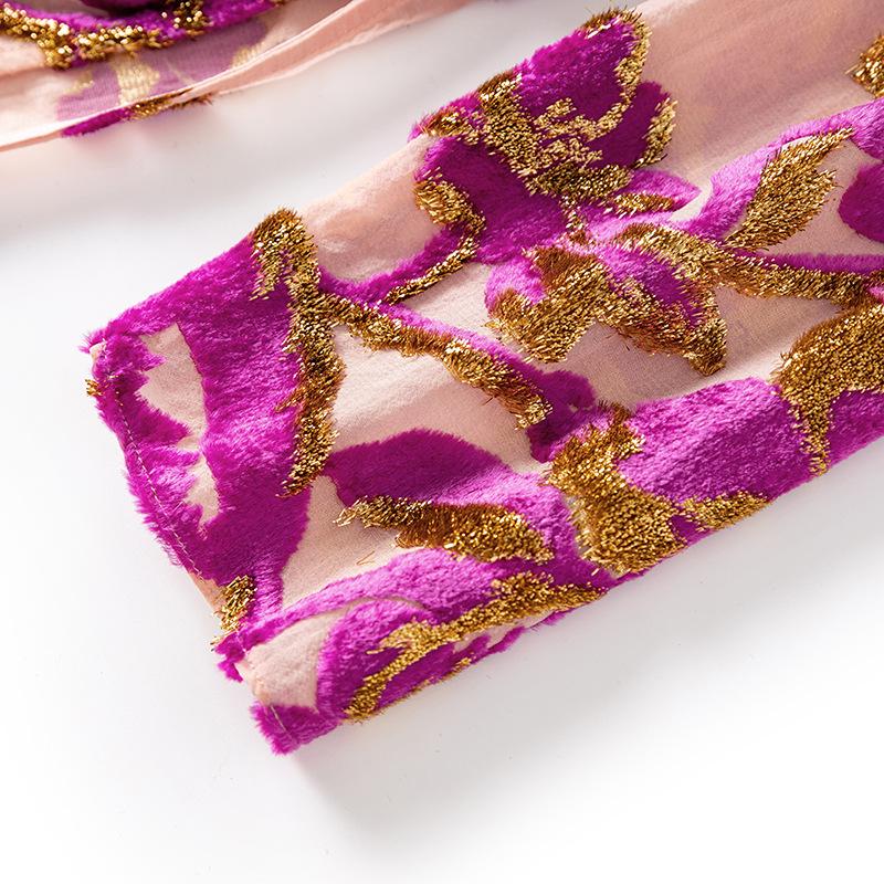 Luxury Women's Long Sleeve Flocked Top with Bright Silk Burnout Design