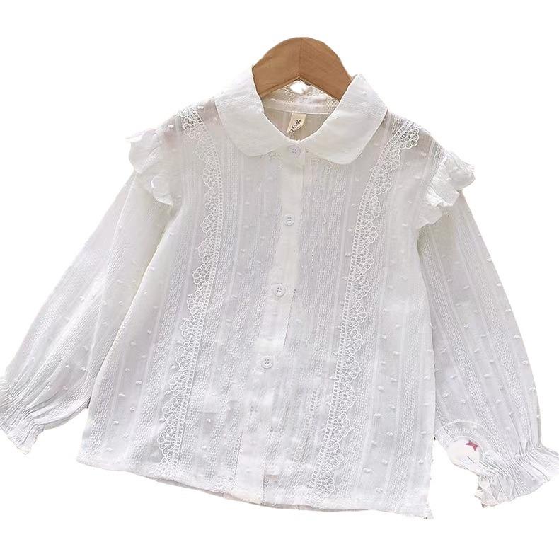 Spring 2024 Girls' White Long Sleeve Shirt with French Lace Collar