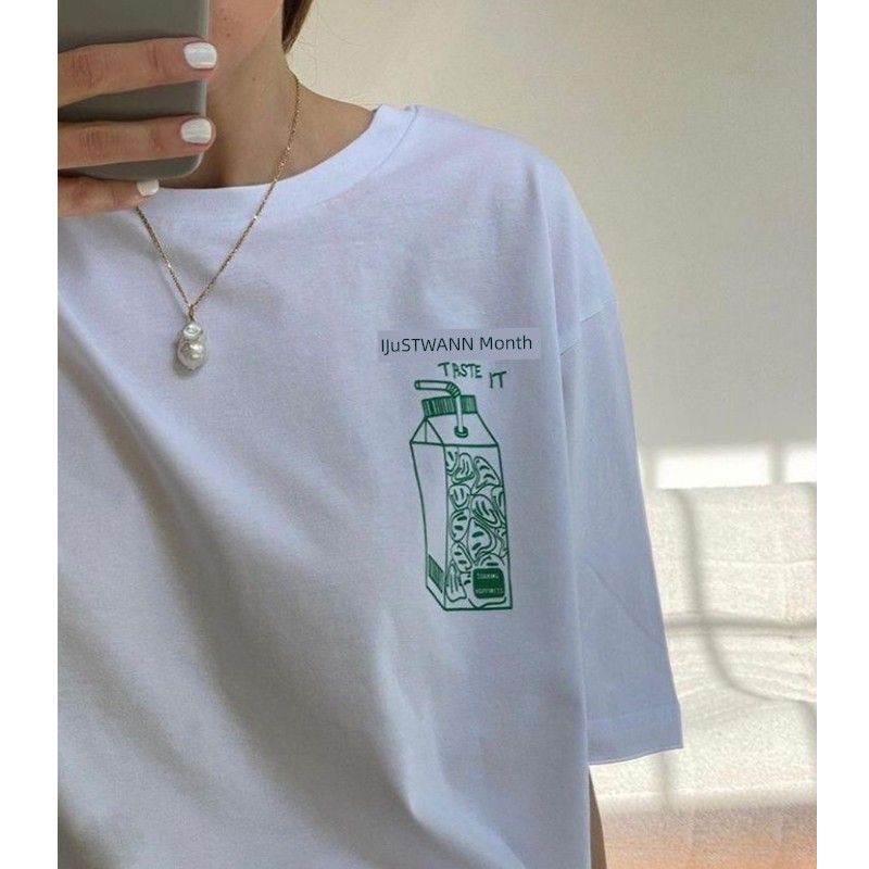 Niche American Vintage Ins Simple Illustration Style Cotton Loose Short Sleeve T-shirt Women