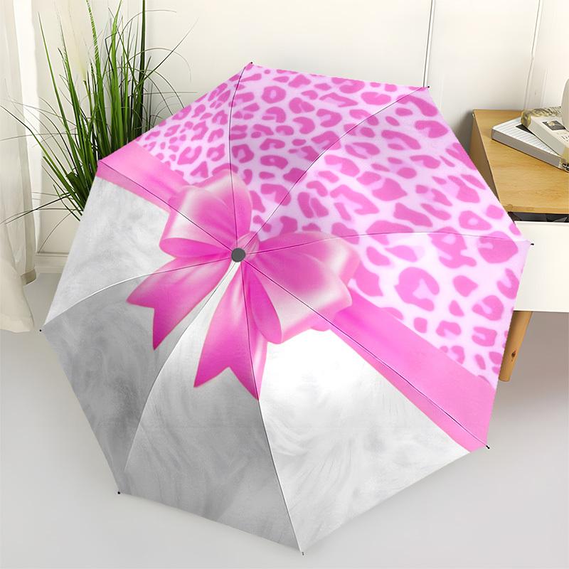 1pc Pink Leopard Bow Print Automatic Opening and Closing Folding Umbrella with 8 Iron Ribs - Portable, Foldable for Travel yy251124090