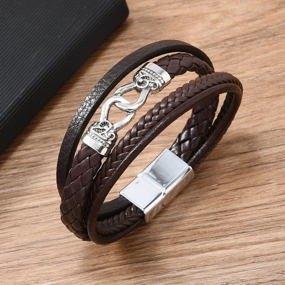 Мужской кожаный браслет в ретро-стиле с кольцевой пряжкой из цинкового сплава, ручной работы и многослойный