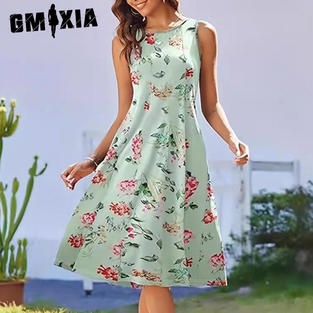 GMXIA Модное элегантное многоцветное принтованное женское платье-топ с круглым вырезом и цифровой печатью