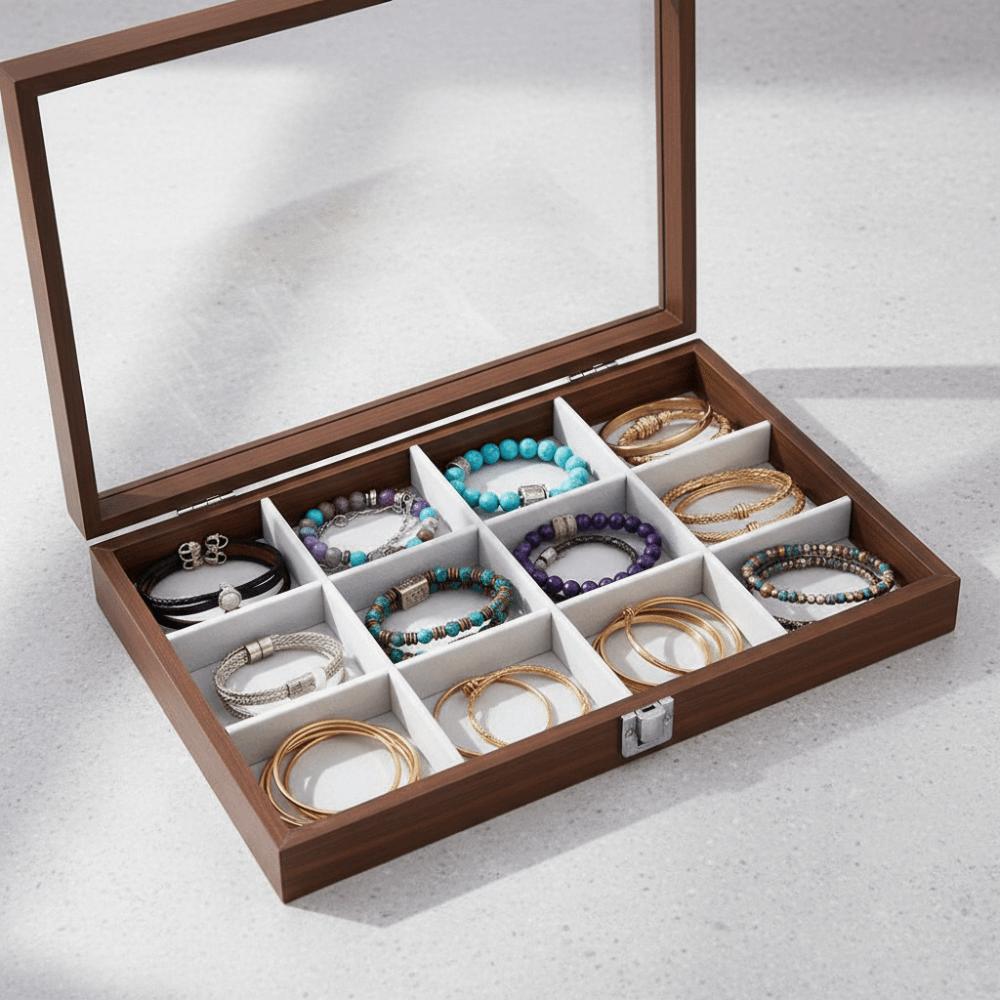 Retro Jewelry Display Tray Rectangle Glass-Lid Box Watch Display Tray Necklace Storage