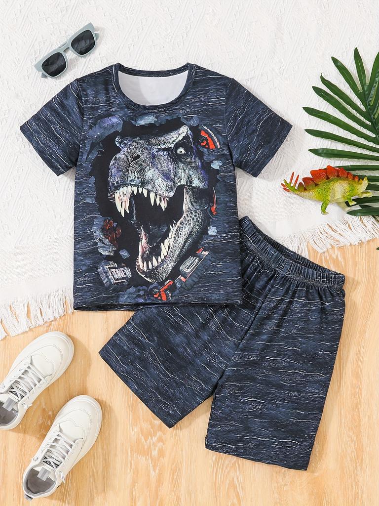 Комплект из 2 футболок и шорт Cool Dino Roar для мальчиков — мягкий, дышащий летний наряд с яркими графическими принтами