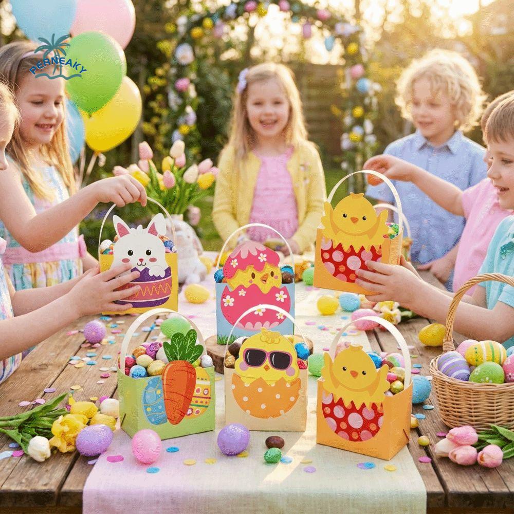6pcs Cartoon Easter Bunny Candy Boxes Egg Rabbit Carrot Handmade Easter Paper Boxes Empty with Handle Candy Gift Bag