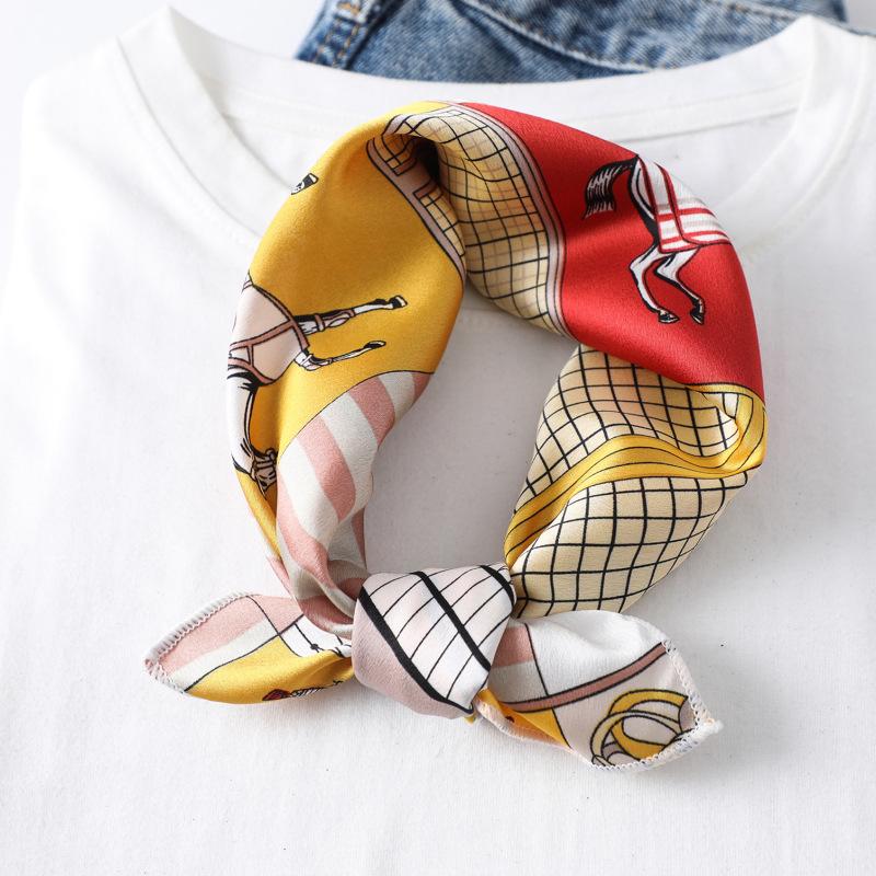 New Small Square Scarf for Women, Printed Silk Scarf, Decorative Neckerchief, Cartoon Animal Plaid Striped Scarf
