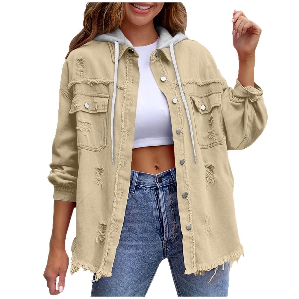 Новая джинсовая куртка с капюшоном, Женская однотонная свободная куртка, Рваная джинсовая рубашка с длинным рукавом для женщин