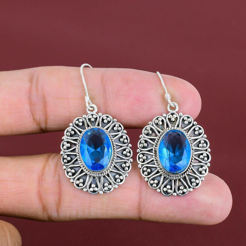 Faceted London Blue Topaz Earring Vintage Earrings Natural Gemstone Jewelry 925 Sterling Silver Earring Handmade Dangle Earring Gift For Her