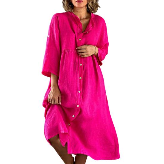 Женское платье-туника на пуговицах, повседневное платье-миди с рукавом 3/4 и круглым вырезом, летнее пляжное платье-футболка для отпуска