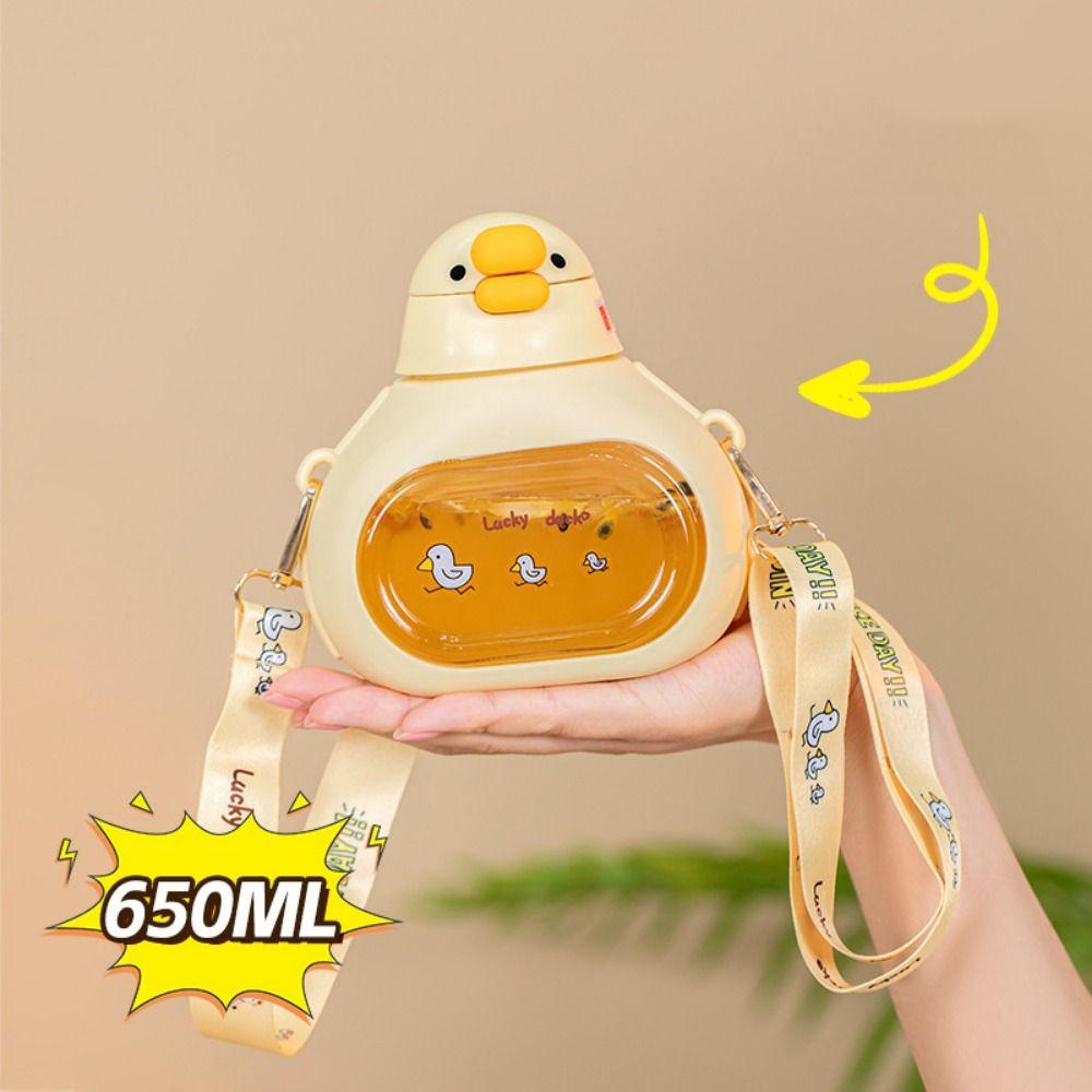 with Straw Cute Duck Bottle Carried with Straps Large-Capacity Big Belly Cup Running
