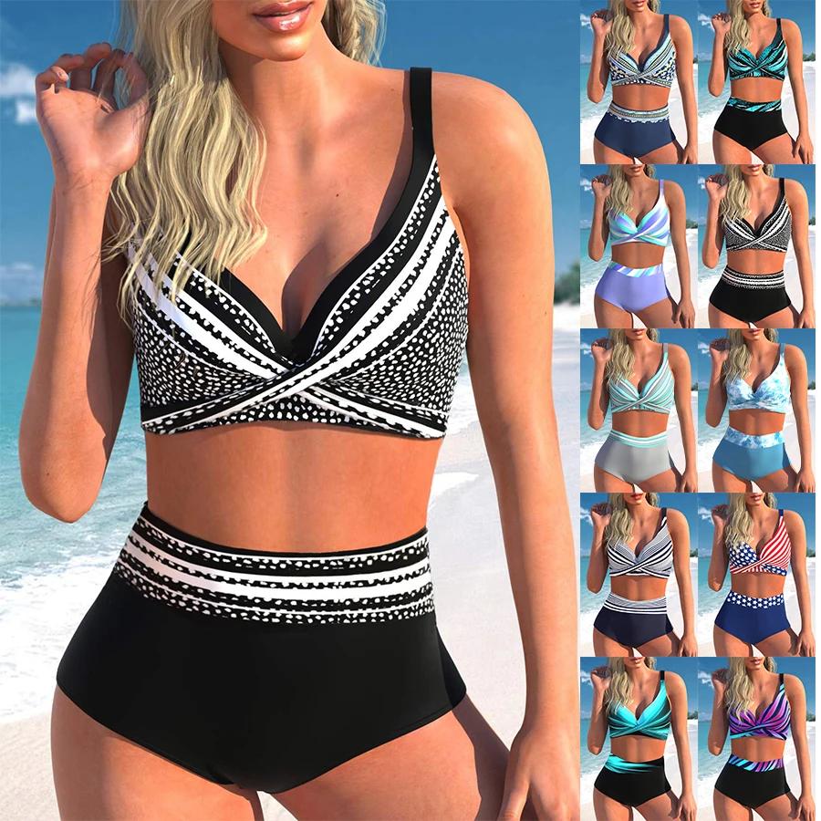 New Sexy Bikini Set Low Waist Swimwear Women's Push Up Swimwear Line Print Two Piece Beach Swimwear S-5XL