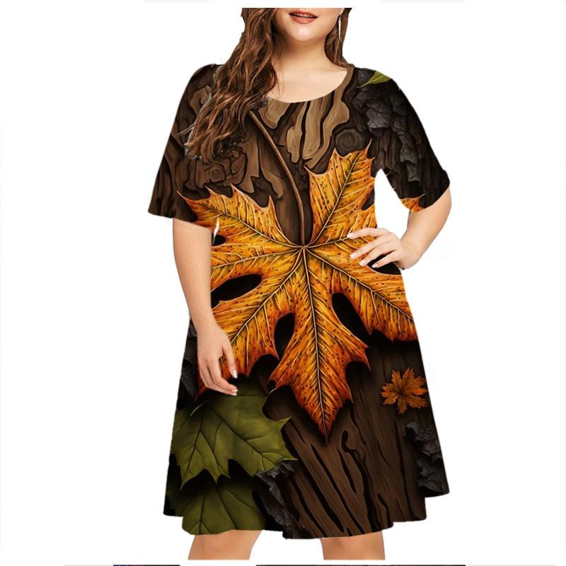 Женское платье Green Leaf Raindrop с коротким рукавом, летняя мода, свободные платья с круглым вырезом и принтом больших размеров 6XL, повседневное мини-платье с 3D-принтом 5XL