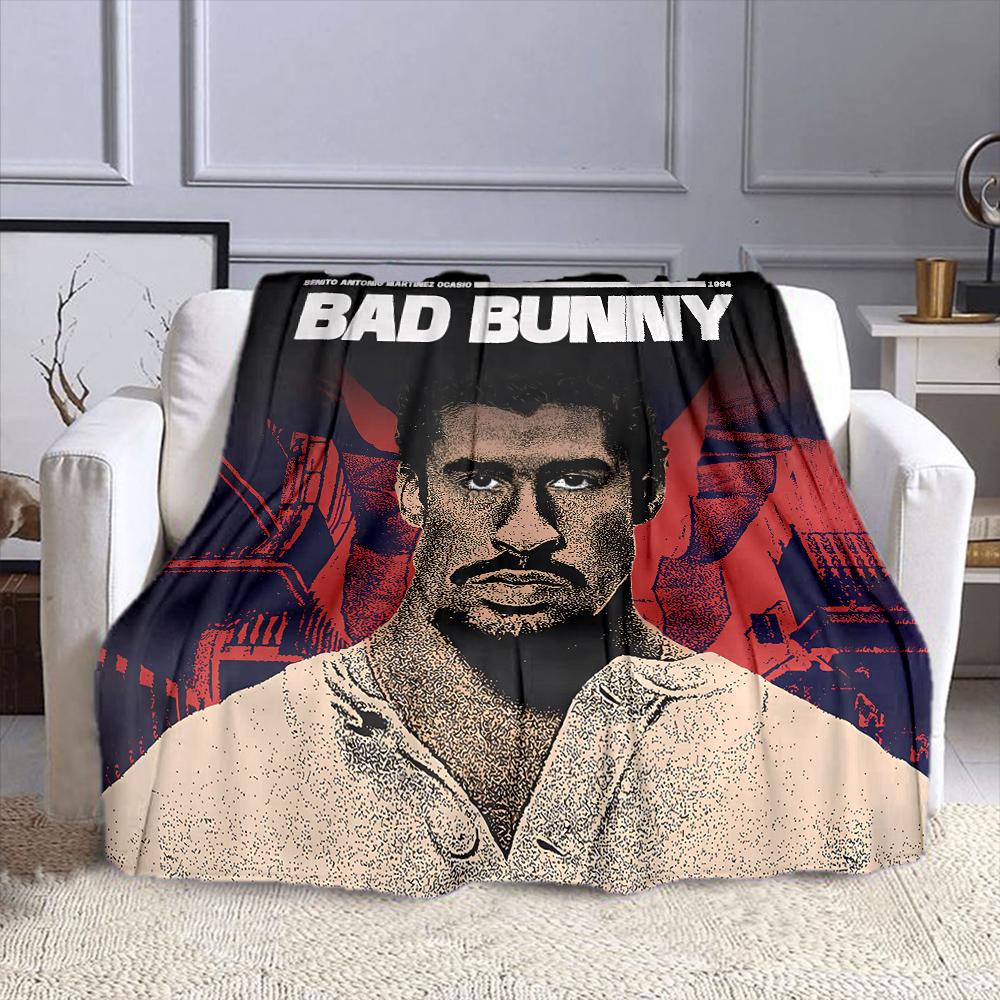 "Vintage Style Portrait - Bad Bunny" Patterned flannel blanket perfect for the bedroom living room, sofa, or a little nap