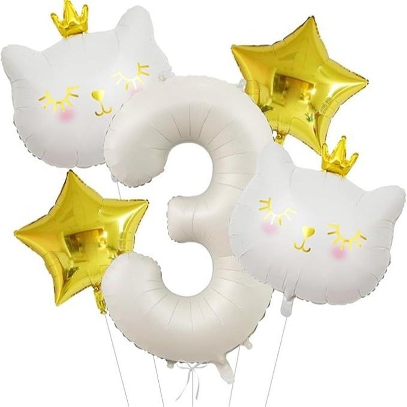 40-Inch Cream-Colored Digital White Crown Cat Balloon Set with Aluminum Foil for Children's Birthday Party Decorations