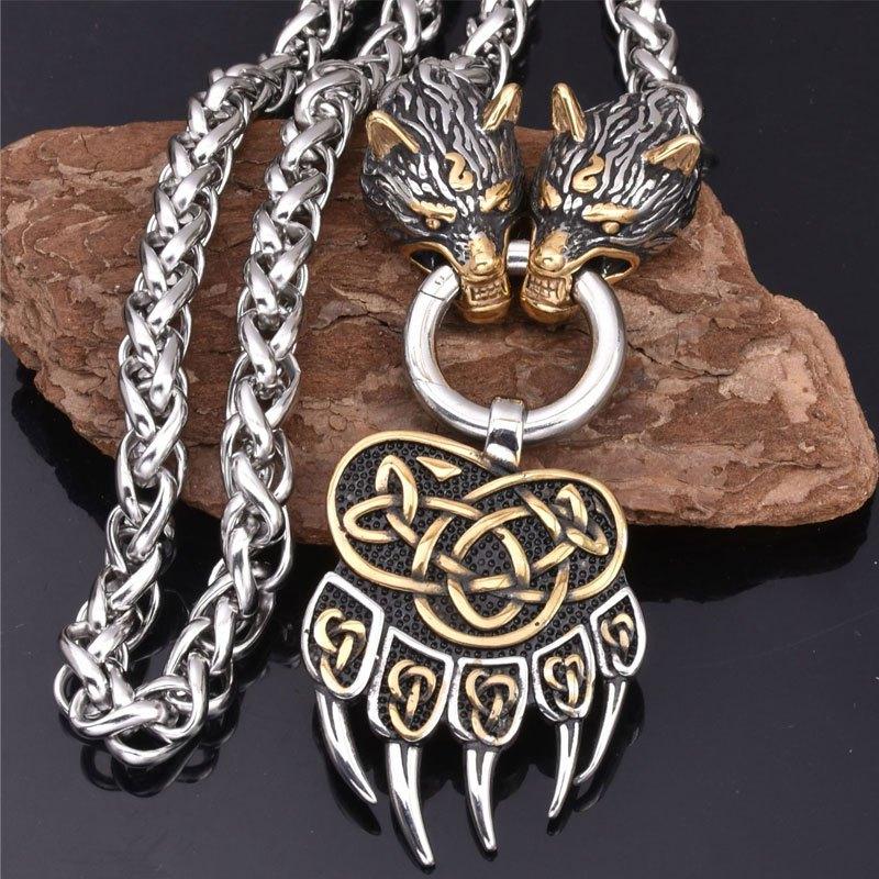 One Nordic men's Viking bear paw and wolf head pendant necklace, a fashionable and trendy necklace, a punk hip-hop party accessory.