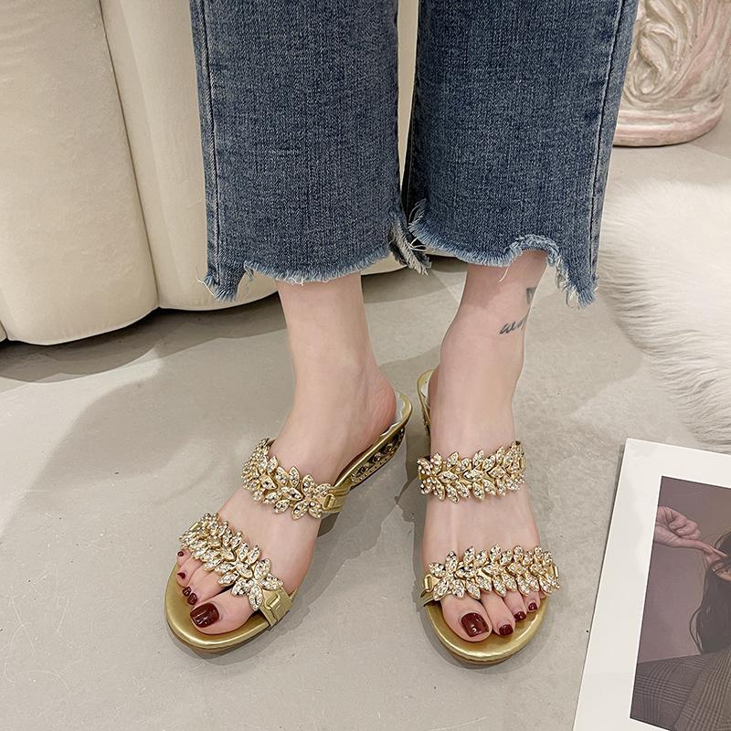 2024 Summer Fashion Women's Sandals Color Water Drill Slippers  Woman Strange Heel Large Size 40 41 Female Hollow Out Flip Flops