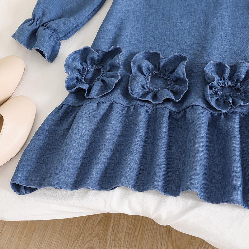 Платье для девочек Осень Новое Корейский стиль Западный стиль Кружево Длинный рукав Сладкая юбка Трехмерный цветок Платье принцессы