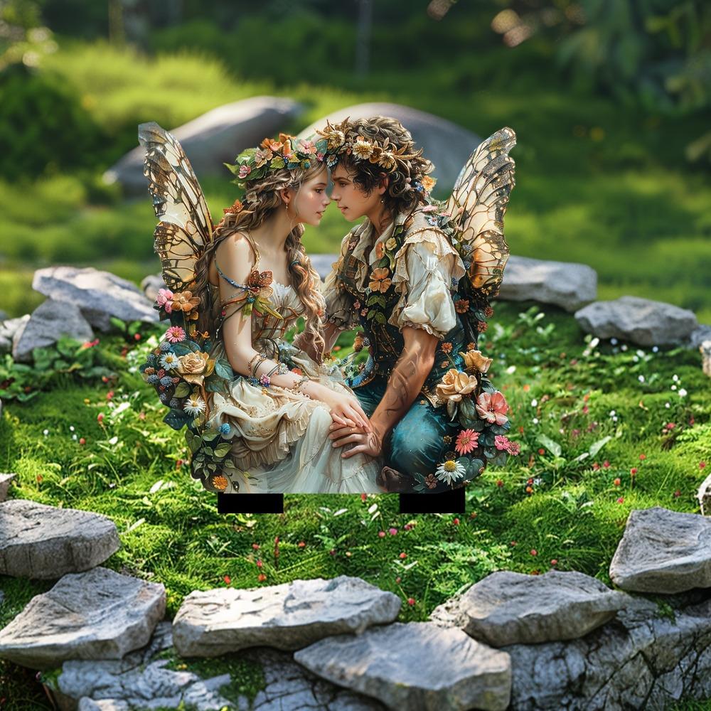 Enchanting Elf Couple Acrylic Pile, Religious-themed Outdoor Art for Flower Pots and Landscape.