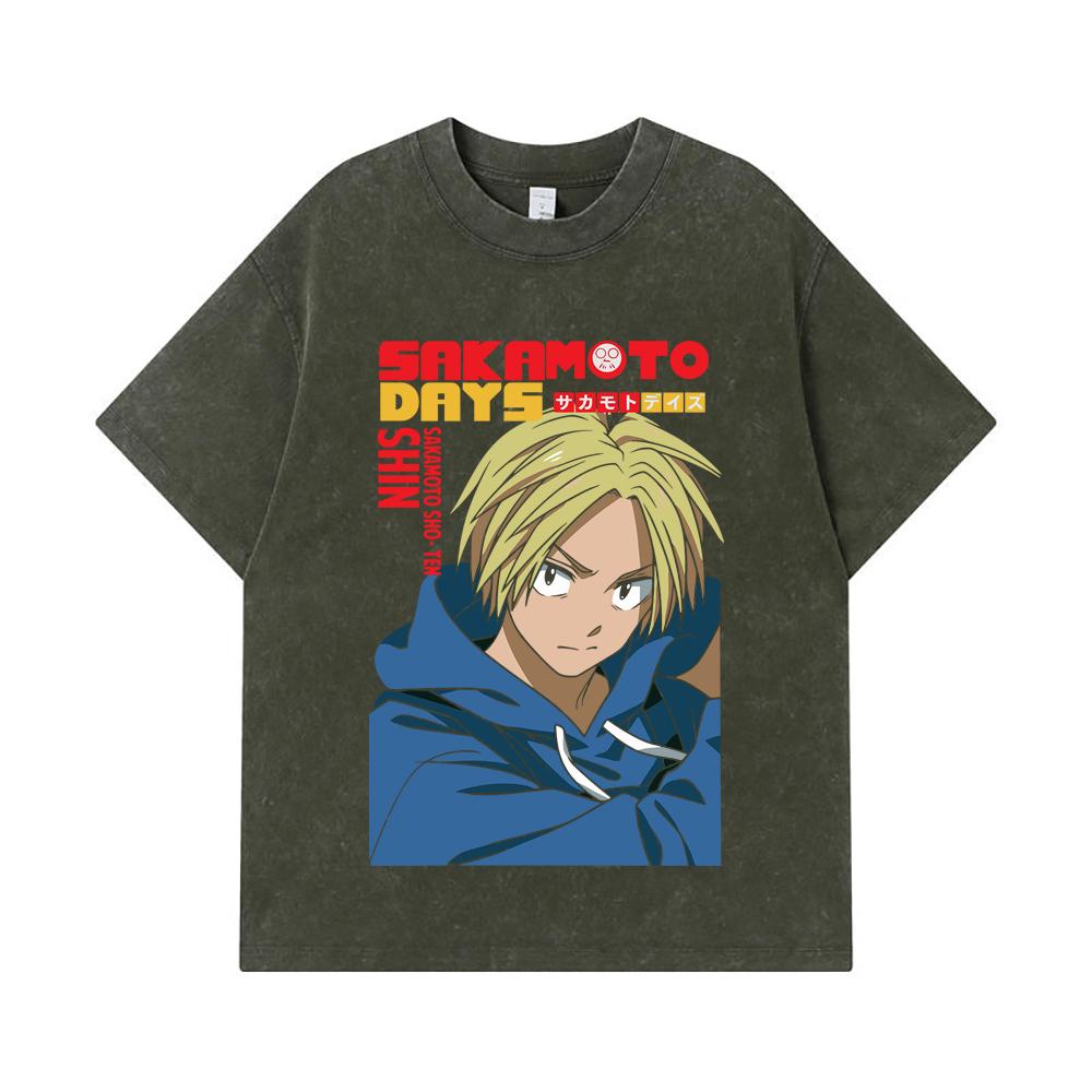 275 GSM Washed T-shirts 100% Cotton Sakamoto Days V8 Shin Print Unisex Heavy Cotton T Shirt