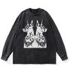 Streetwear Dobermann Graphic Washed Black T-Shirt Cotton Unisex Plus Size Long Sleeves T Shirt