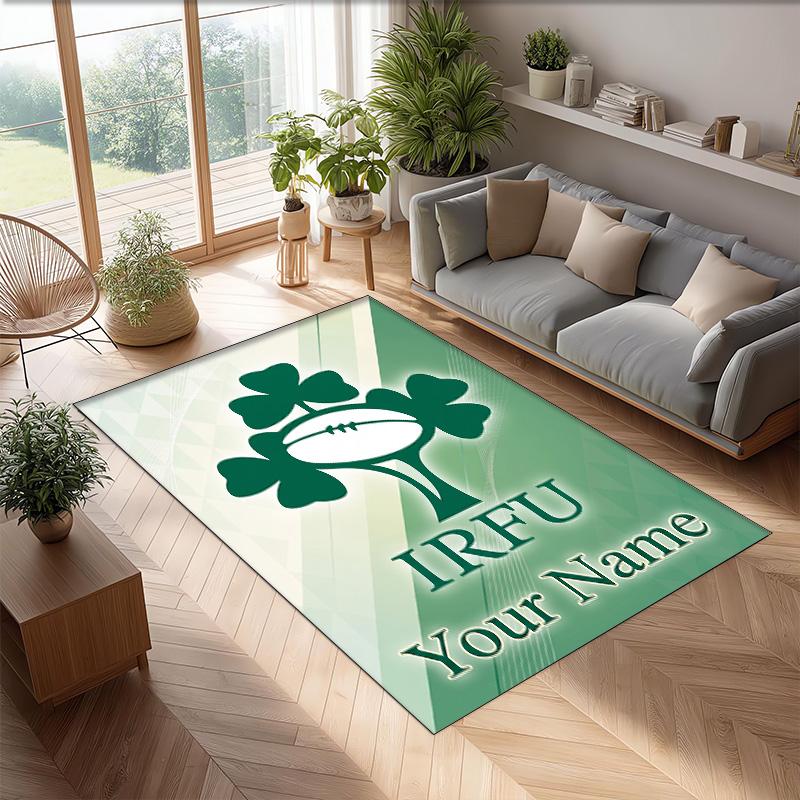Ireland Rugby Crystal Velvet Rug, Custom Name Text Personalized Non‑Slip Floor Mat for Home Decor Gift