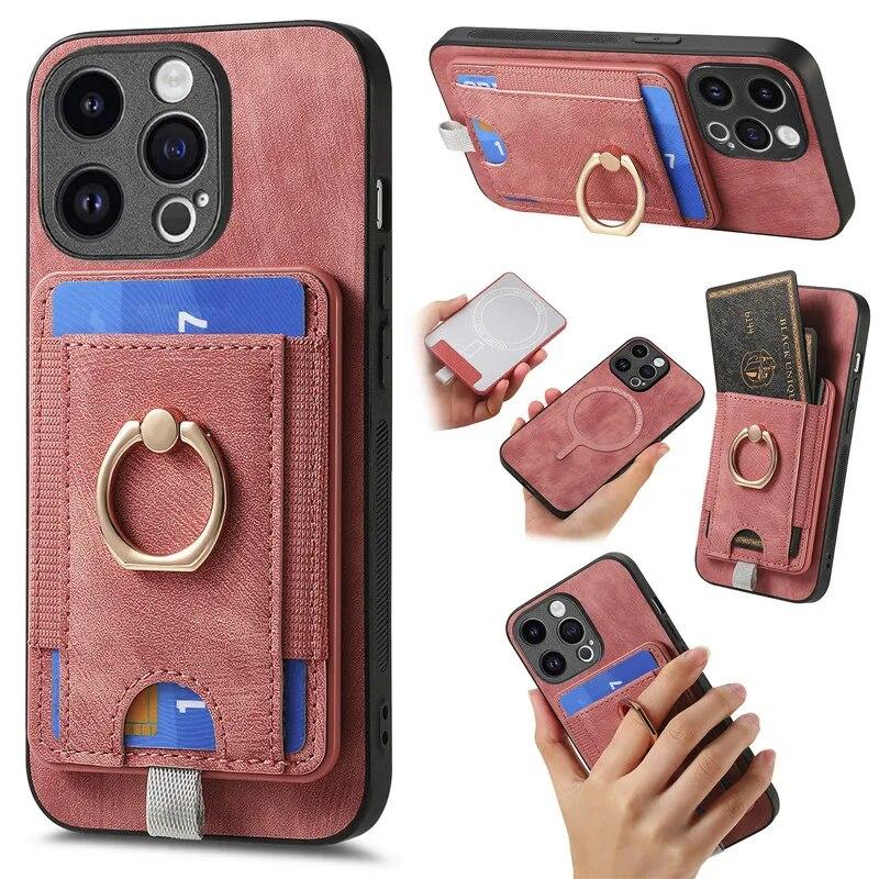 Wireless Ring Leather Wallet Phone Case for iPhone 15 Pro Max 14 Plus 13 12 11 for Samsung Galaxy S24 Ultra S23 S22 S21 FE A35 A15 A05 A54 A34 Cover