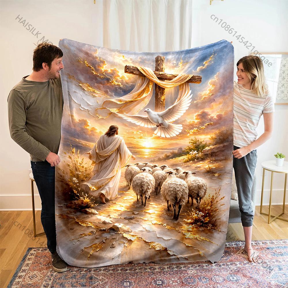 1PC Jesus sheep cross sunset Print Blanket Warm Soft Fluffy Kids and Adult Sofa Bed Throw Blanket Outdoor Travel Camping RV