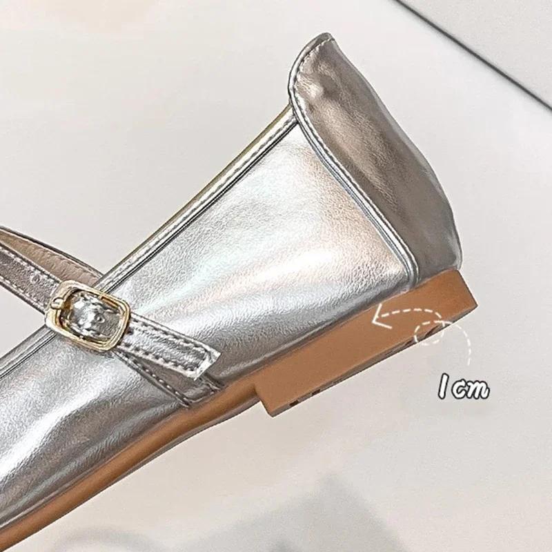 Fashion Silver Bowtie Mary Jane Pumps Fashion Women Square Toe Pu Leather Party Shoes Autumn New Woman Low Heels Wedges Buckle Shoes