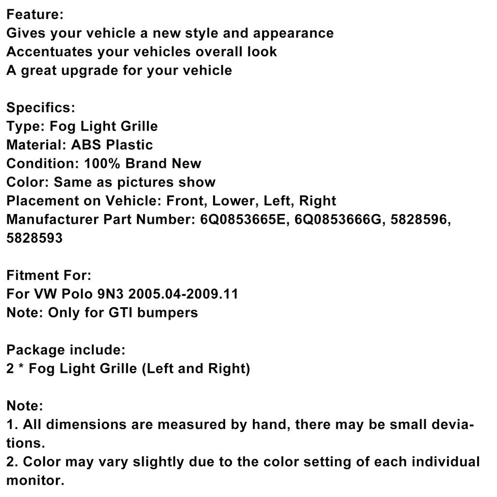2 шт. противотуманные фары решетка решетка подходит VW Polo 9N3 GTI 2005-2009