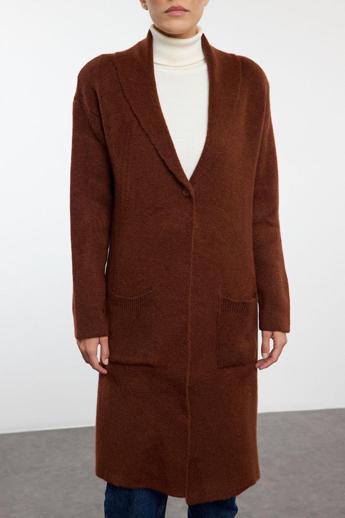 Women's Fashionable Stylish Cardigan Brown Soft Textured Long Coat Look Knitwear Cardigan