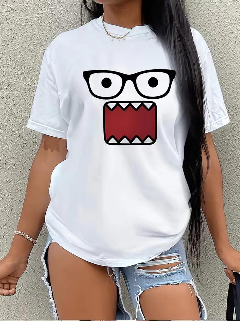 Funny Angry Cartoon Face Graphic Tshirt Sarcastic Furious Expression Minimal Line Art Round Neck Short Sleeve Casual Tee