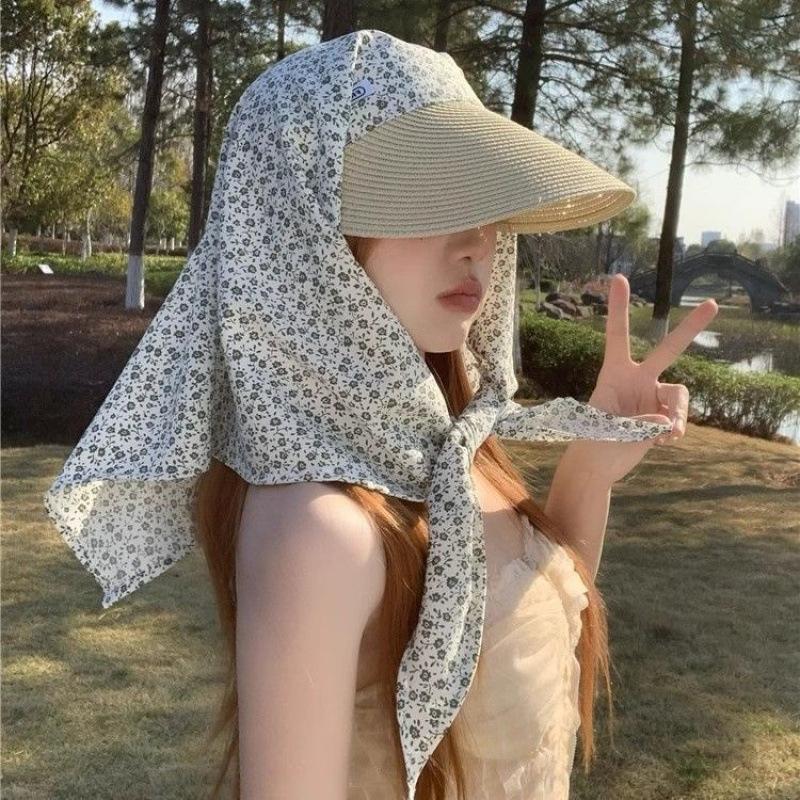 Солнцезащитная шляпа с шарфом, широкополая летняя пляжная шляпа с защитой от ультрафиолета, женская шляпа-хиджаб от солнца, кепка в стиле бохо-шик от солнца