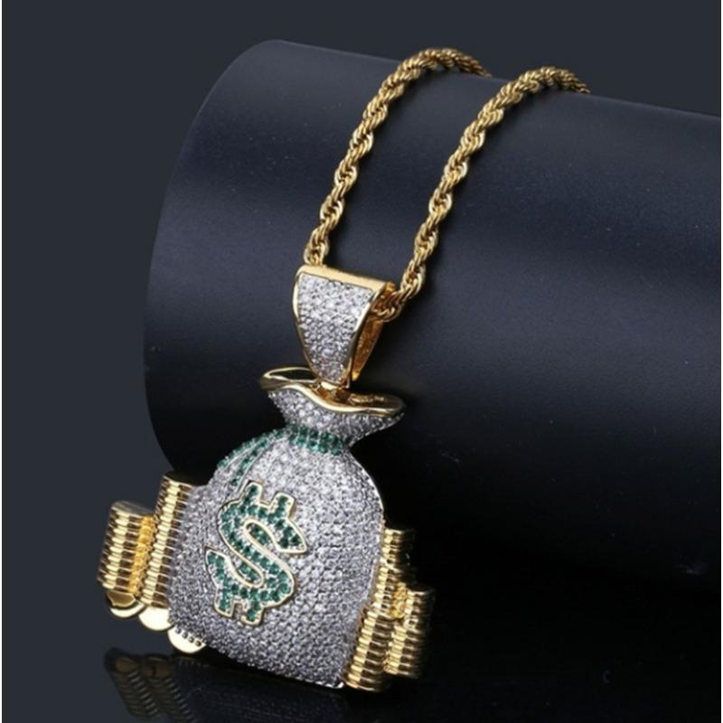 Money Bag Pendant Necklace for Men Sparkling Zircon Hip Hop Charm