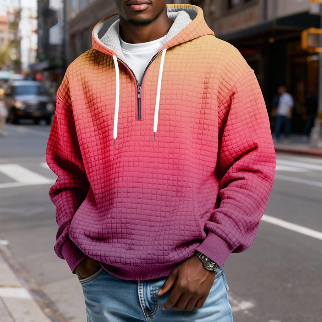 Мужской худи-пуловер в клетку с капюшоном на молнии до середины, со шнурком и принтом, повседневная спортивная толстовка
