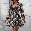Women Spring Autumn Lantern Sleeve V Neck Flower Printed One Piece Dress