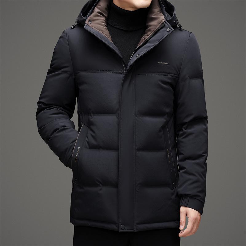 Зимняя новая мужская куртка-пуховик из молочного шелка средней длины с белым утиным пухом для среднего возраста, теплая повседневная куртка с капюшоном