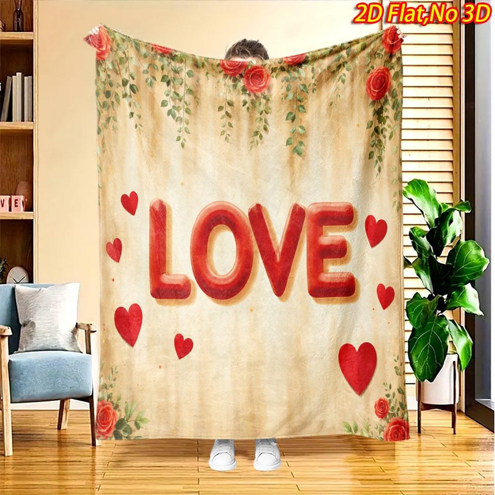 1pc 2D Flat Printing Spring & Summer New Arrival Love Rose Theme Digital Print Blanket, All Seasons, Casual Blanket, 100% Polyester Fiber Soft And Com