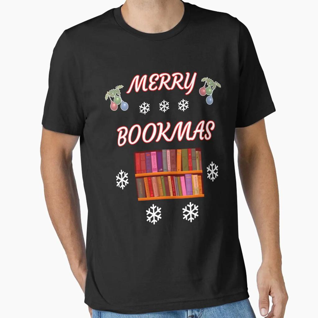 Merry Bookmas Book Lover Essential T Shirt Vintage Unisex Versatile Stylish Stretched Breathable Top For Everyday Wear