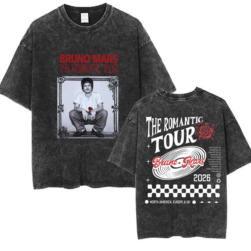 Vintage Washed Rapper Bruno Mars New Album Graphic T Shirts Mens Hip Hop Pop Loose Fashion Short Sleeve Tshirt Streetwear