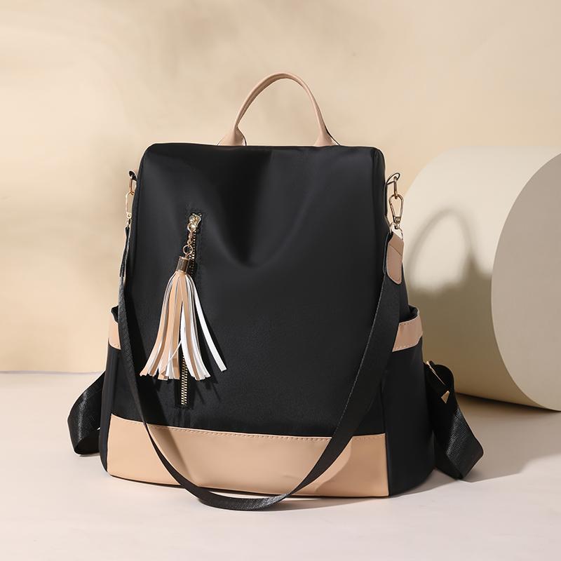Contrast Color Backpack Women's Tassel Backpack Lightweight Large Capacity Handbag Shoulder Bag