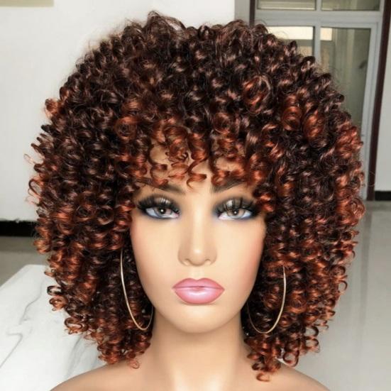 African Women Short Kinky Curly Wigs Silk Hair Natural Look with Bangs High Temperature Wigs Long-Lasting Wear