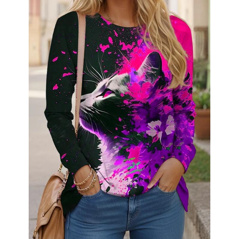 Women's T-shirt 3D Printed Art Design Cat Pattern Long Sleeved Fun Round Neck Top