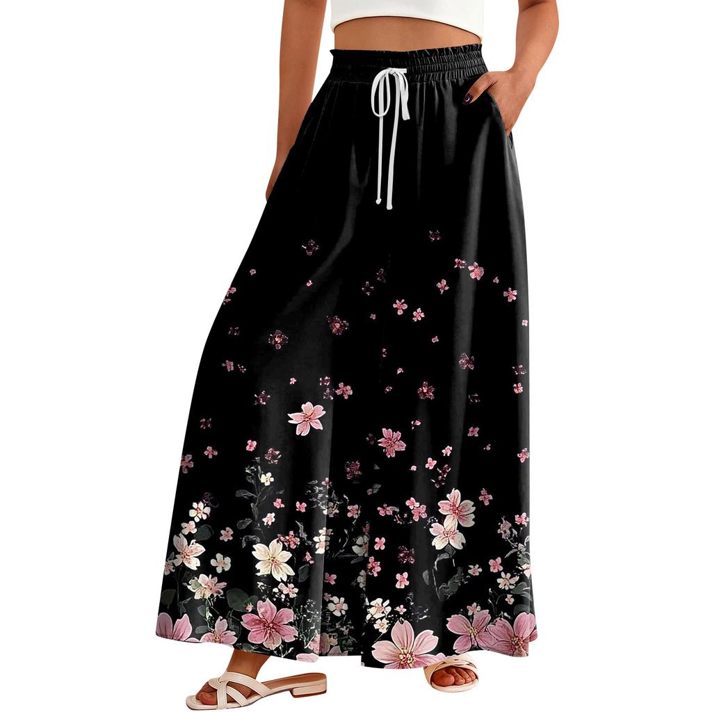 Женские брюки с высокой талией, широкие, повседневные, струящиеся брюки-палаццо, брюки с цветочным принтом и карманом