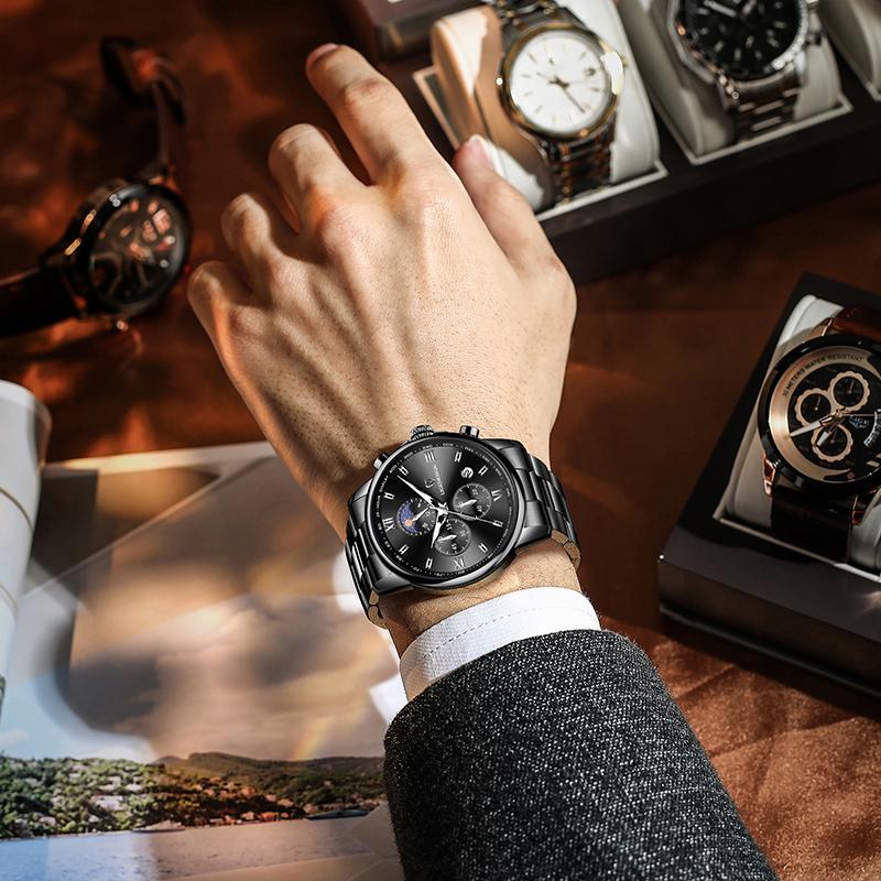 LIGE Top Brand Luxury Man watch Stainless Steel Band Fashion Calendar Watches for Men 24-Hour Moon Phase Waterproof Quartz Clock